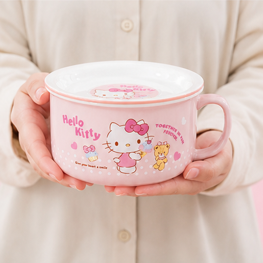 ハローキティ 935ml ふた付き セラミックハンドルボウル ピンク