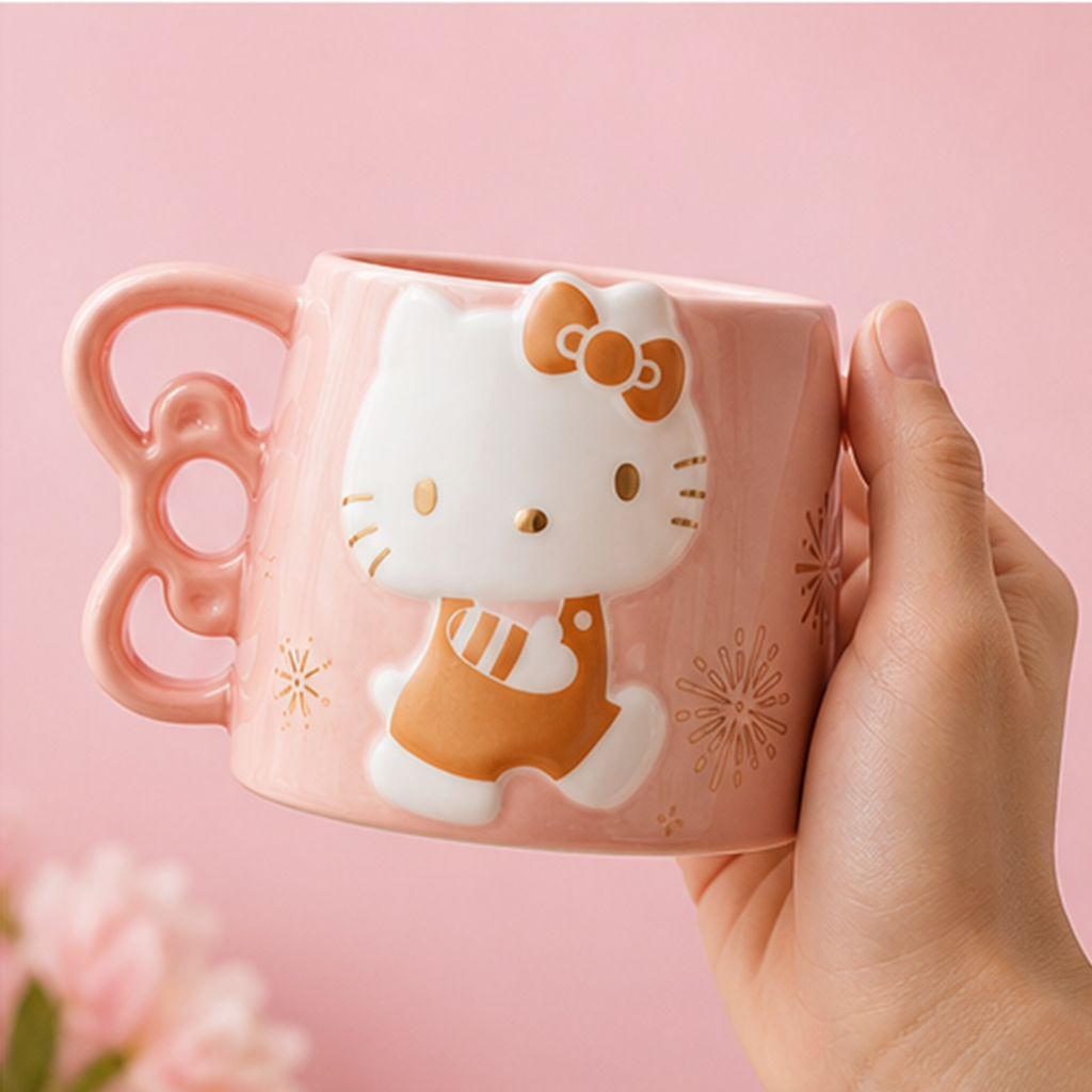 サンリオ ハローキティ 420ml 立体レリーフ セラミックマグ ピンク