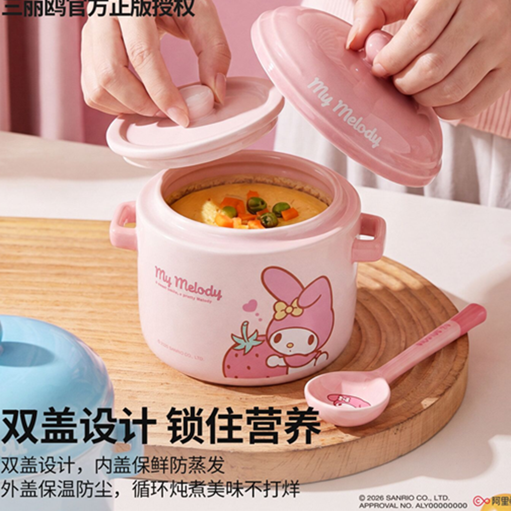 マイメロディ 600ml ふた付き セラミック蒸しポット スプーン&マット付き
