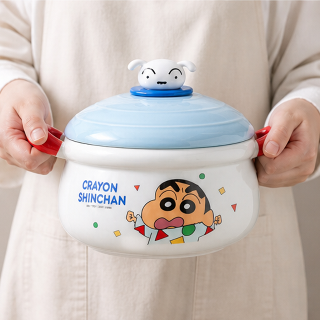 クレヨンしんちゃん 1100ml 両手付き ふた付きセラミックボウル ブルー