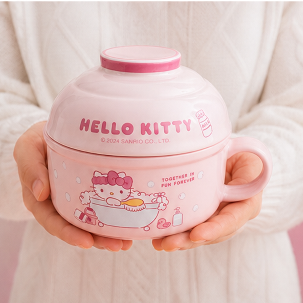 ハローキティ 800ml ふた付きセラミックヌードルボウル ピンク