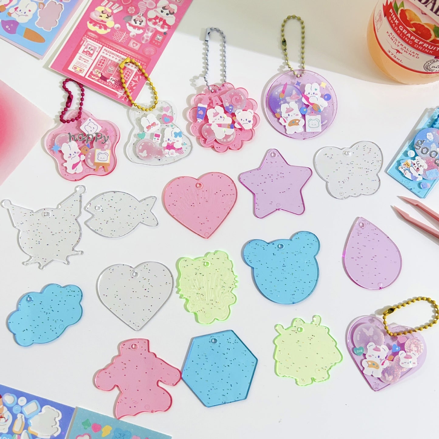 diy用アクリル製透明キーホルダーセット(10枚入)チェン付き