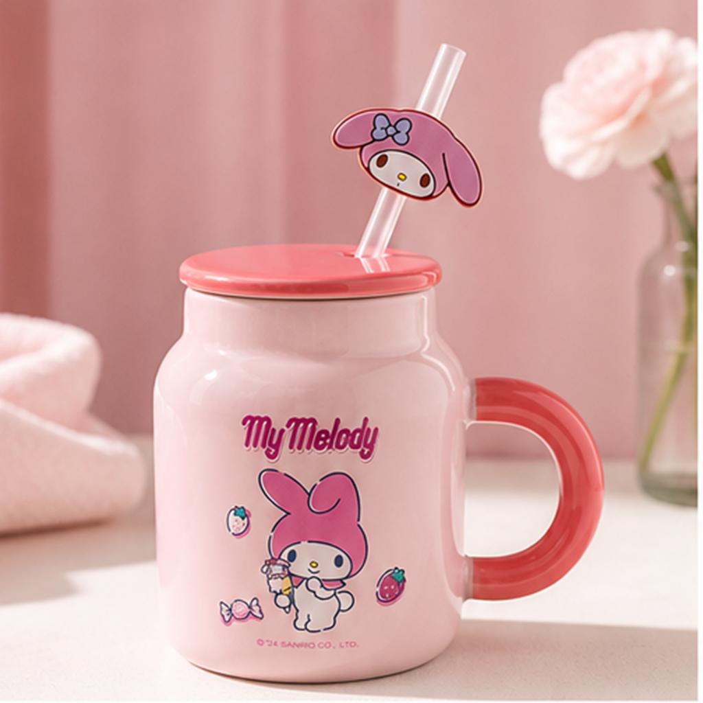 マイメロディ 400ml ふた付きストローセラミックマグ ピンク
