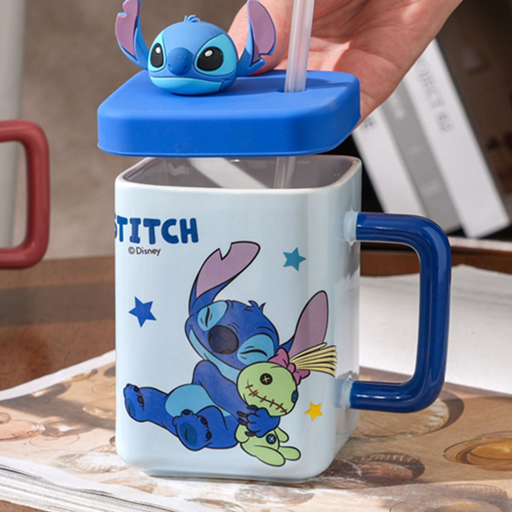 スティッチ 立体ふた付きスクエア陶器ストローマグ 450ml