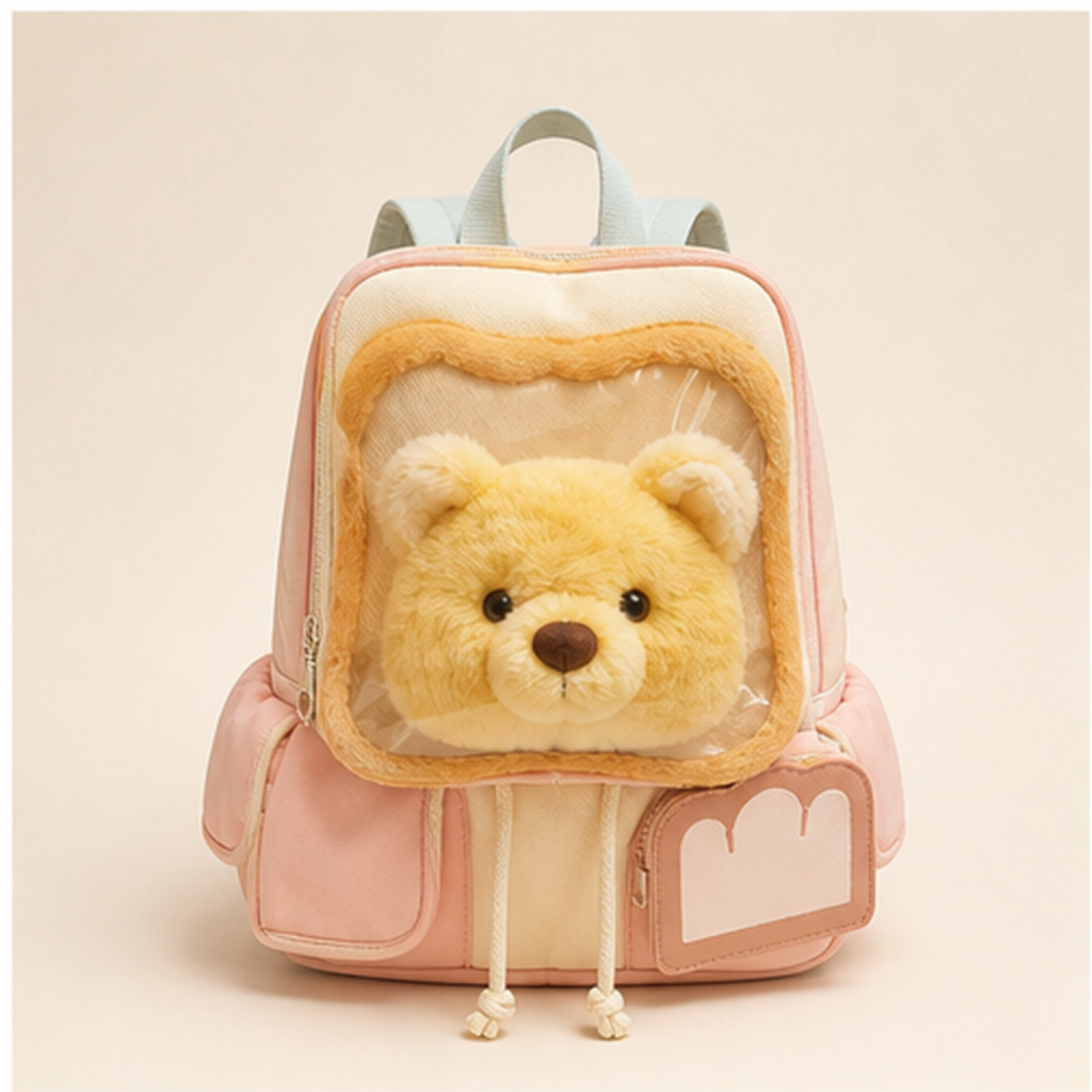 くまフェイス トースト風もこもこリュック ピンク