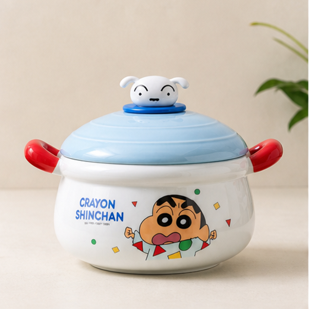 クレヨンしんちゃん 1100ml 両手付き ふた付きセラミックボウル ブルー