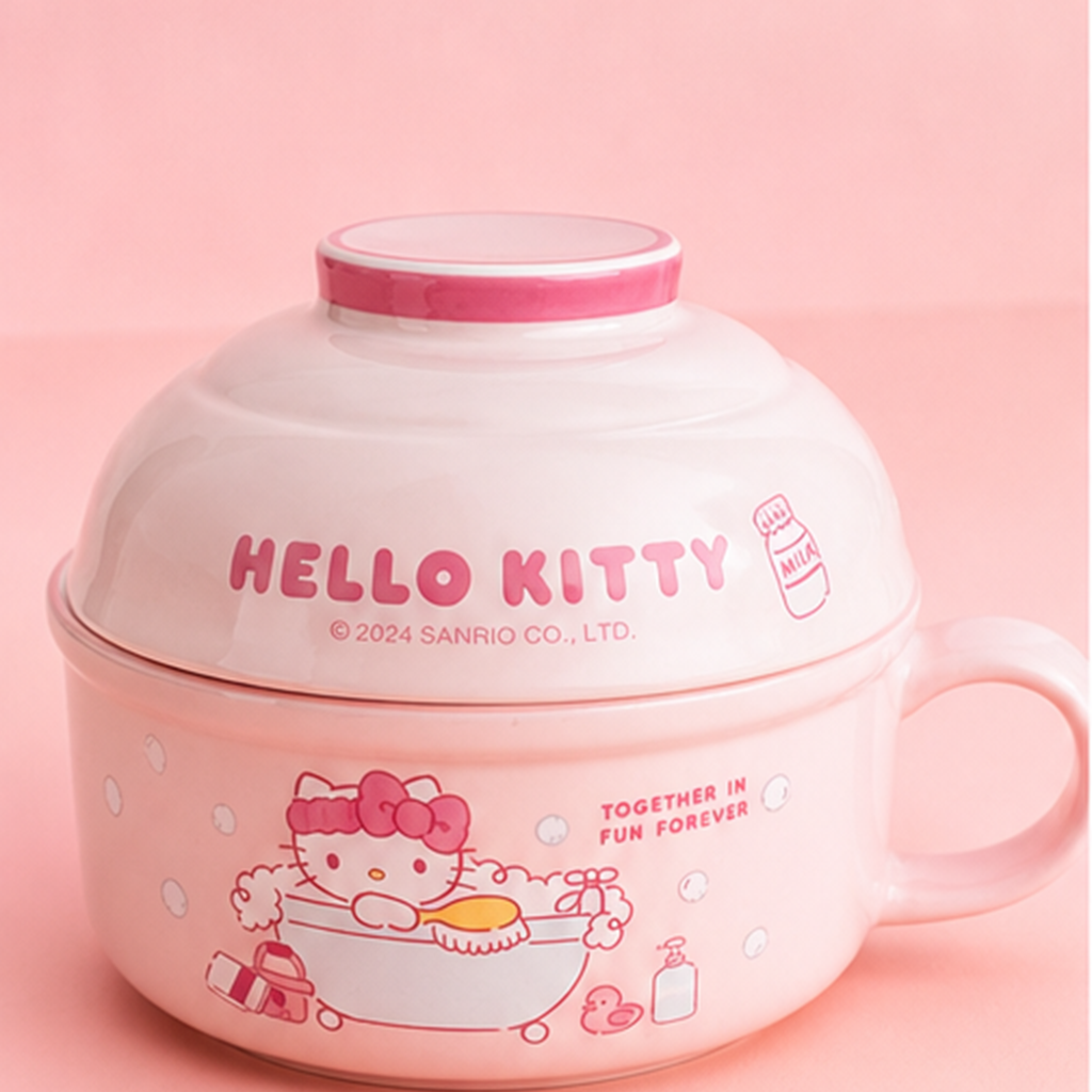 ハローキティ 800ml ふた付きセラミックヌードルボウル ピンク