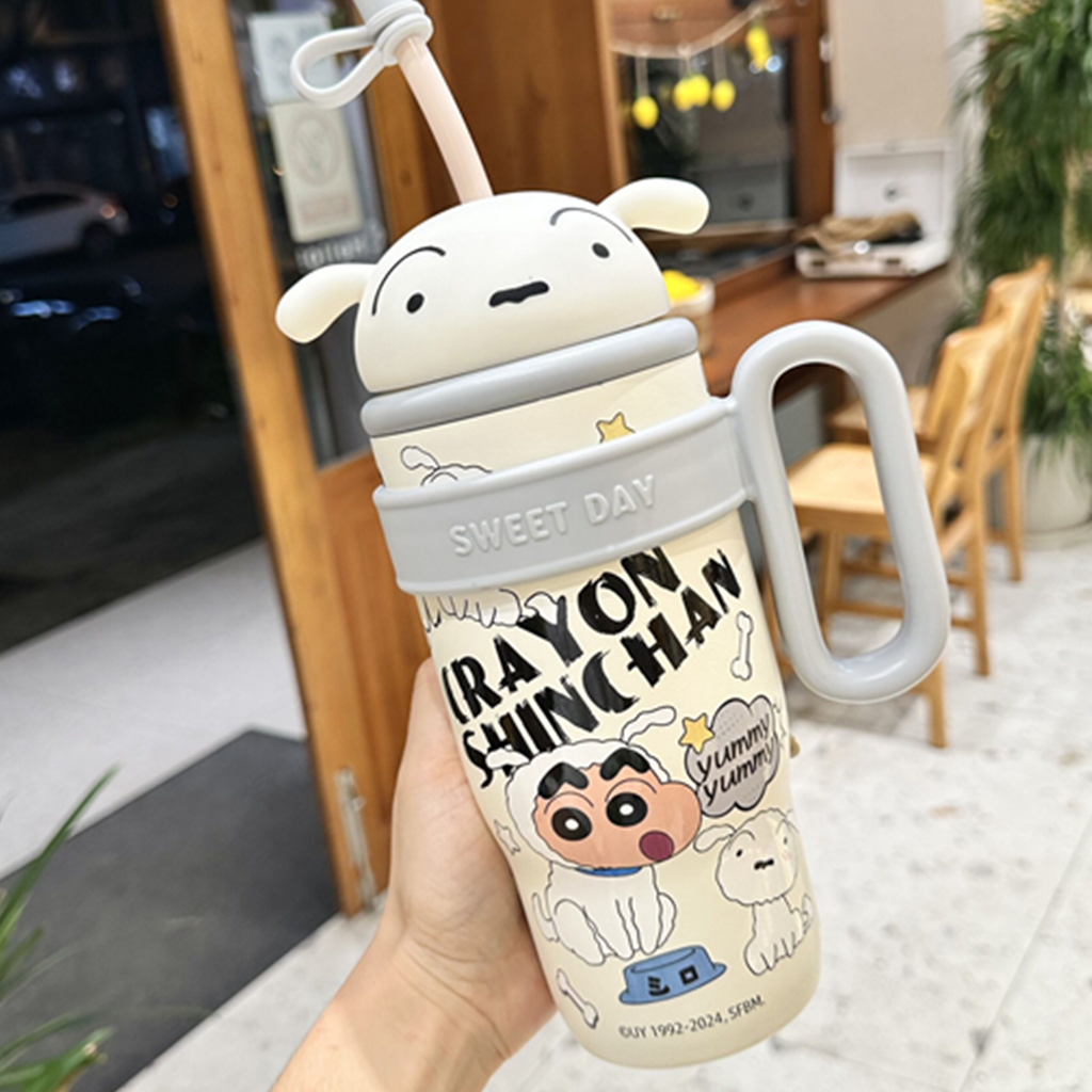 クレヨンしんちゃん シロ 880ml 大ハンドル 保温ストローボトル ホワイト