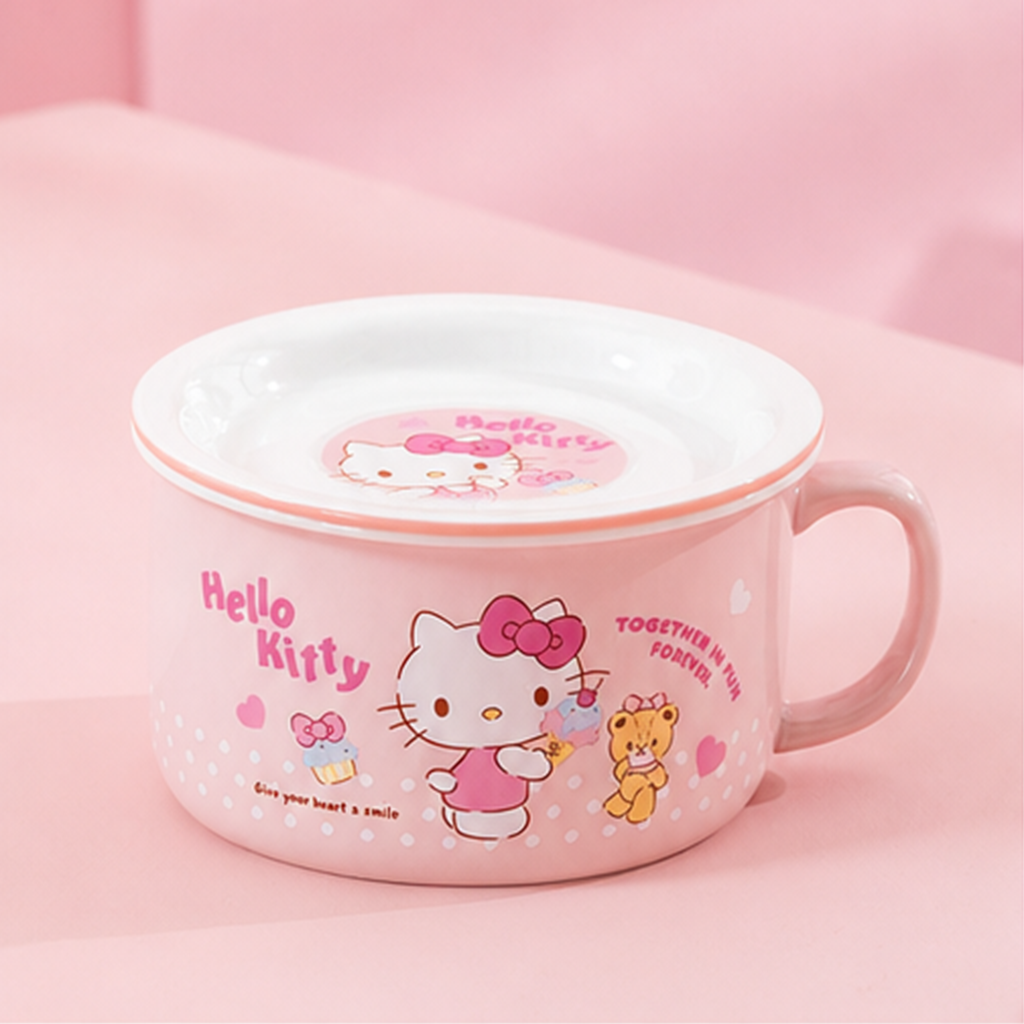 ハローキティ 935ml ふた付き セラミックハンドルボウル ピンク