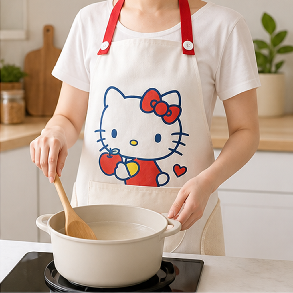 ハローキティ 防水・防油 キッチンエプロン ベージュ×レッド