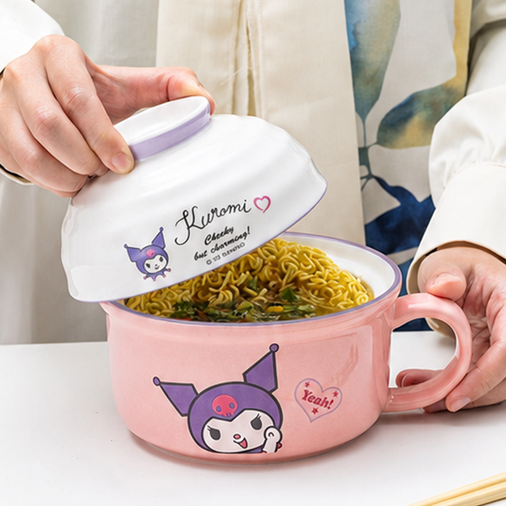 クロミ 650ml ふた付き セラミックヌードルボウル ピンク