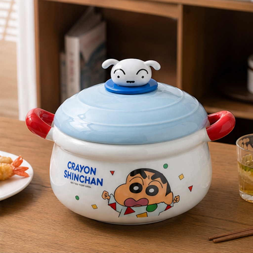 クレヨンしんちゃん 1100ml 両手付き ふた付きセラミックボウル ブルー
