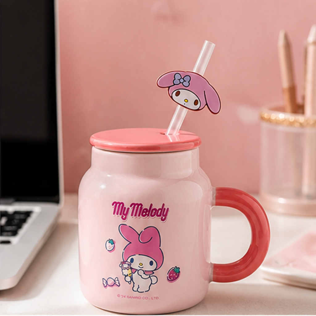 マイメロディ 400ml ふた付きストローセラミックマグ ピンク