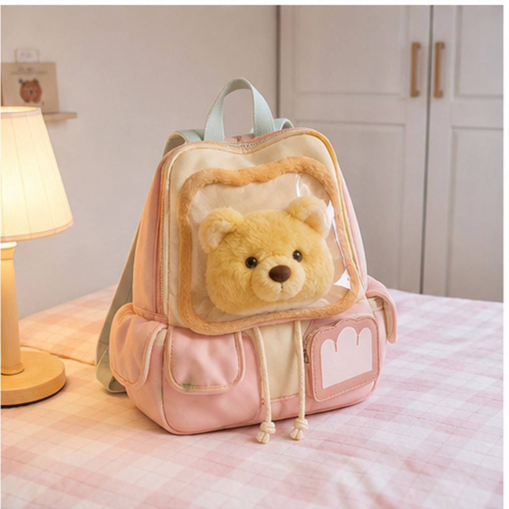 くまフェイス トースト風もこもこリュック ピンク