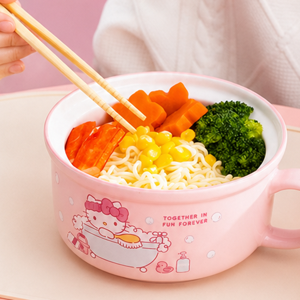 ハローキティ 800ml ふた付きセラミックヌードルボウル ピンク