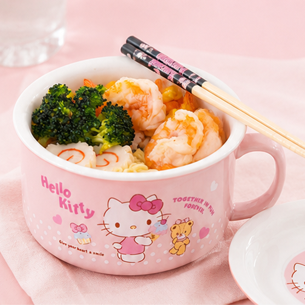 ハローキティ 935ml ふた付き セラミックハンドルボウル ピンク