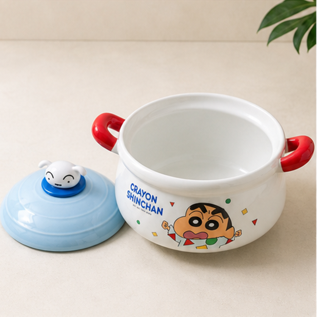 クレヨンしんちゃん 1100ml 両手付き ふた付きセラミックボウル ブルー