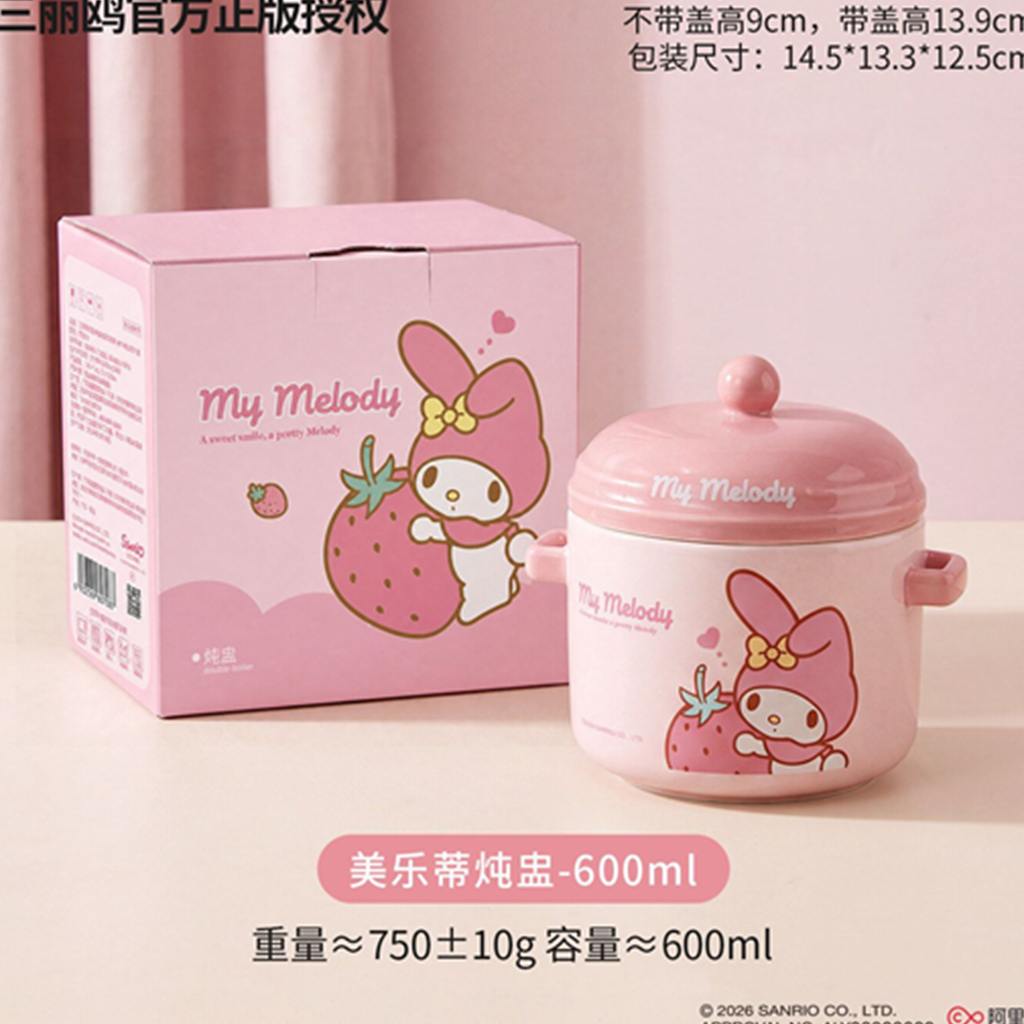 マイメロディ 600ml ふた付き セラミック蒸しポット スプーン＆マット付き