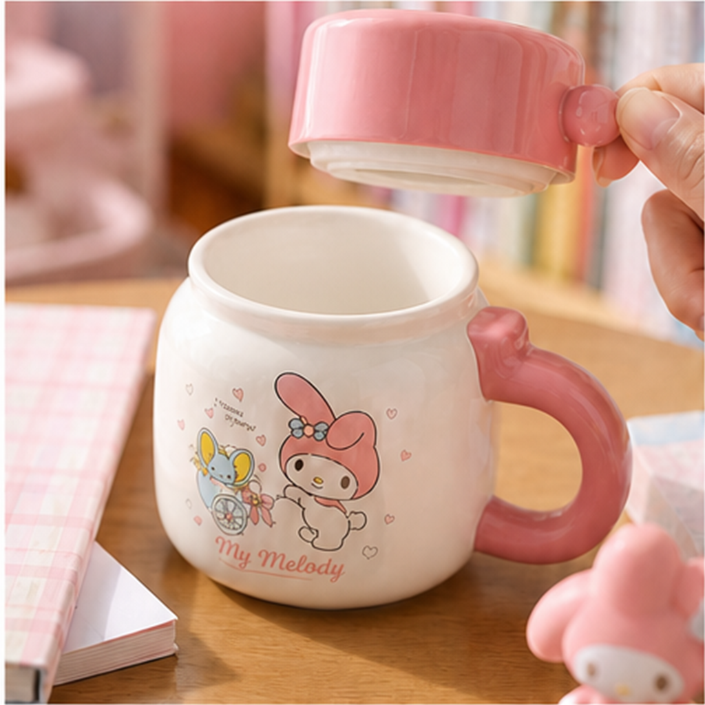 マイメロディ 370ml ふた付き セラミックマグ ピンク