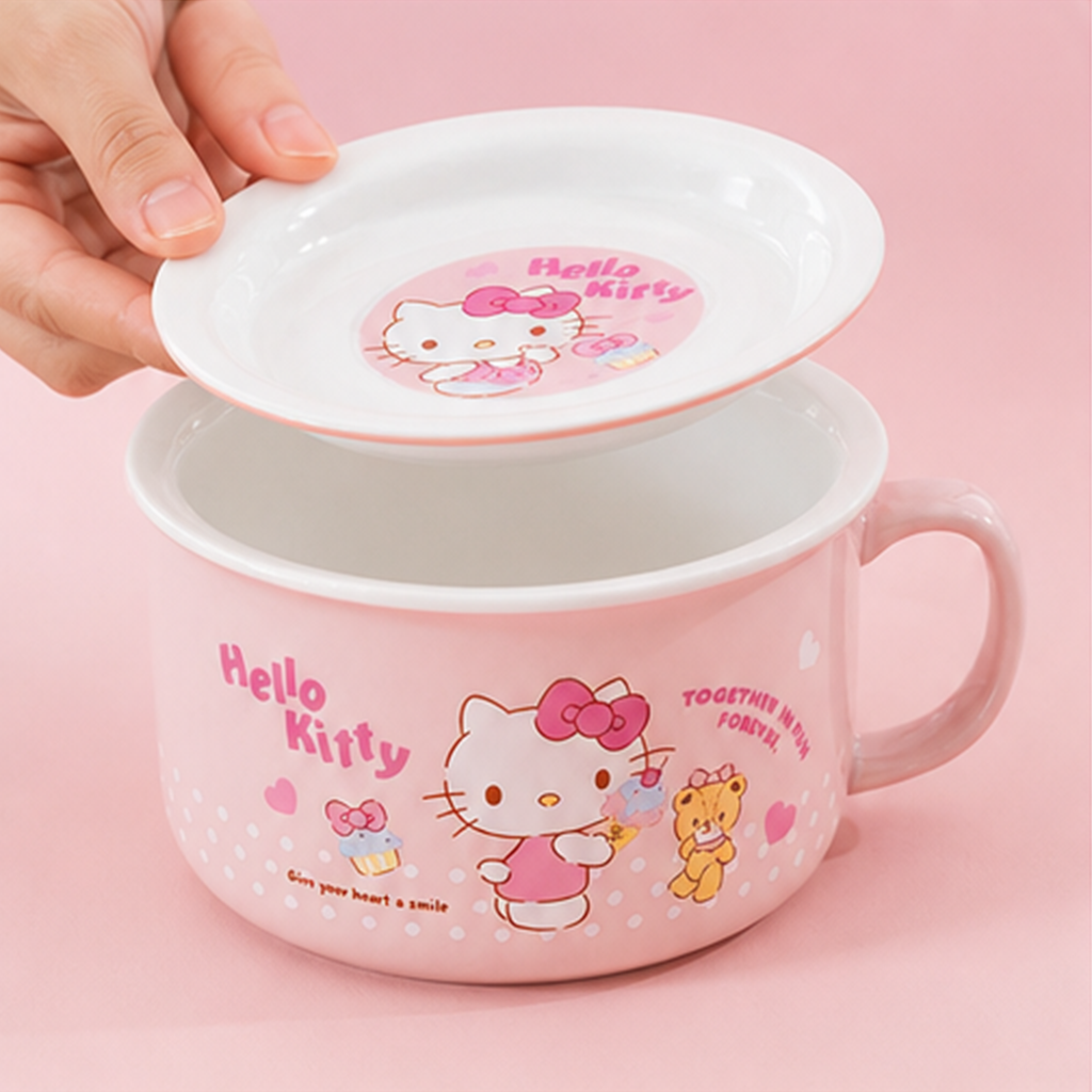 ハローキティ 935ml ふた付き セラミックハンドルボウル ピンク