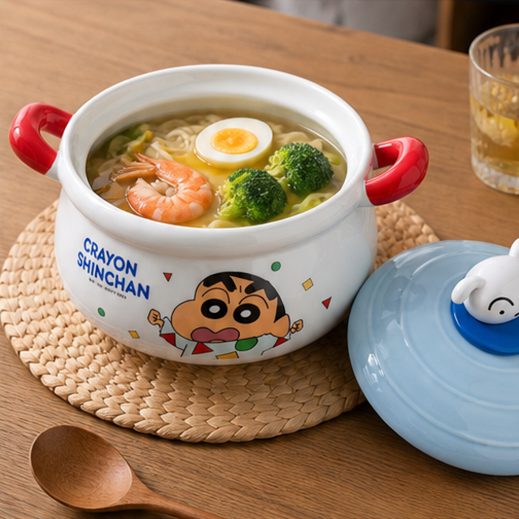 クレヨンしんちゃん 1100ml 両手付き ふた付きセラミックボウル ブルー