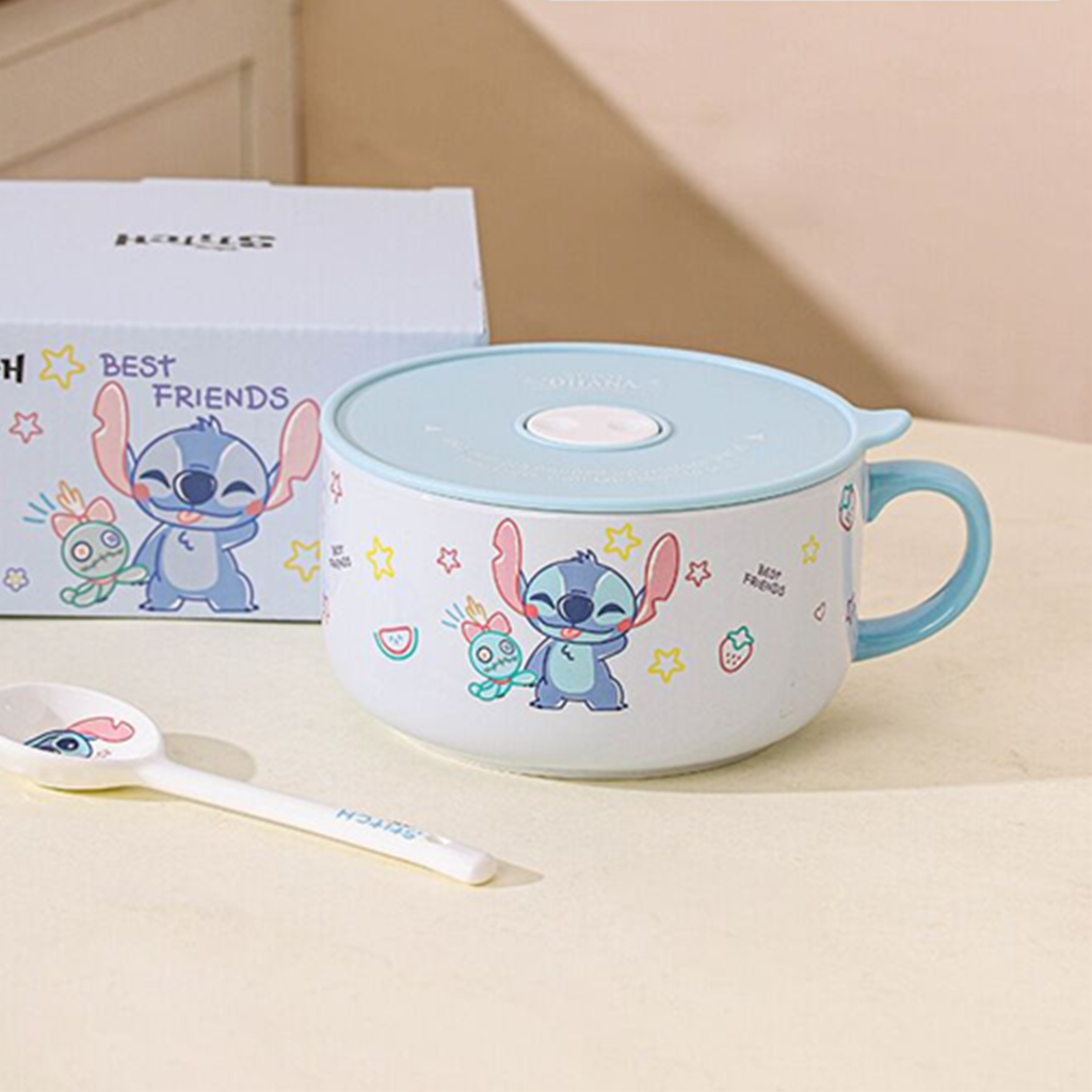 ディズニー スティッチ 6インチ ふた付き ハンドルセラミックボウル スプーン付き