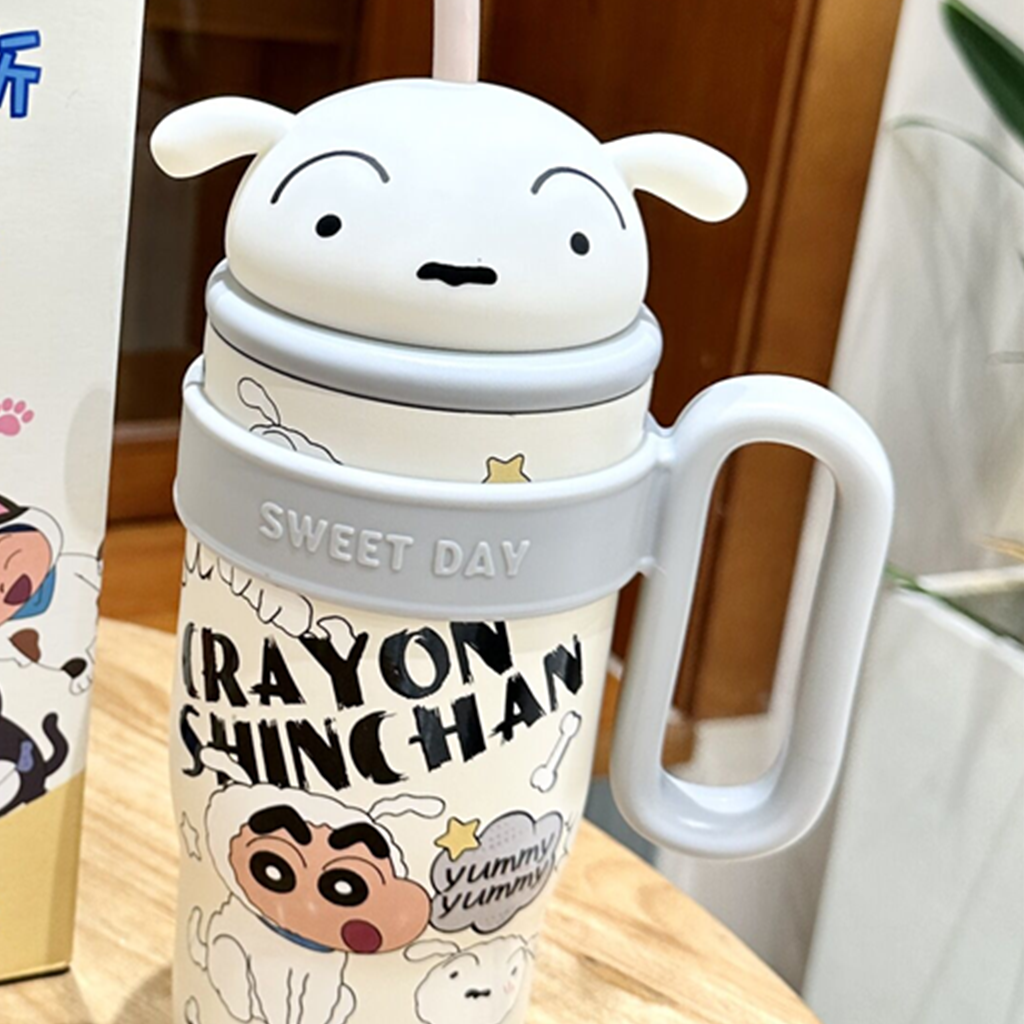 クレヨンしんちゃん シロ 880ml 大ハンドル 保温ストローボトル ホワイト