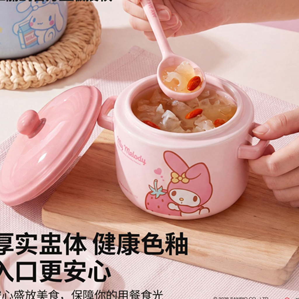 マイメロディ 600ml ふた付き セラミック蒸しポット スプーン＆マット付き