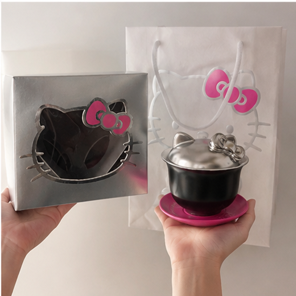 HEYTEA×ハローキティ 猫耳ふた付き ステンレス茶碗 ギフトセット