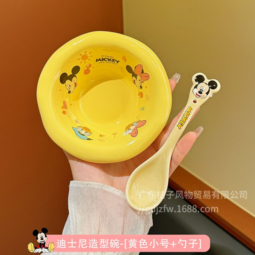 ディズニー ミッキー＆ミニー セラミックボウル スプーン付き イエロー