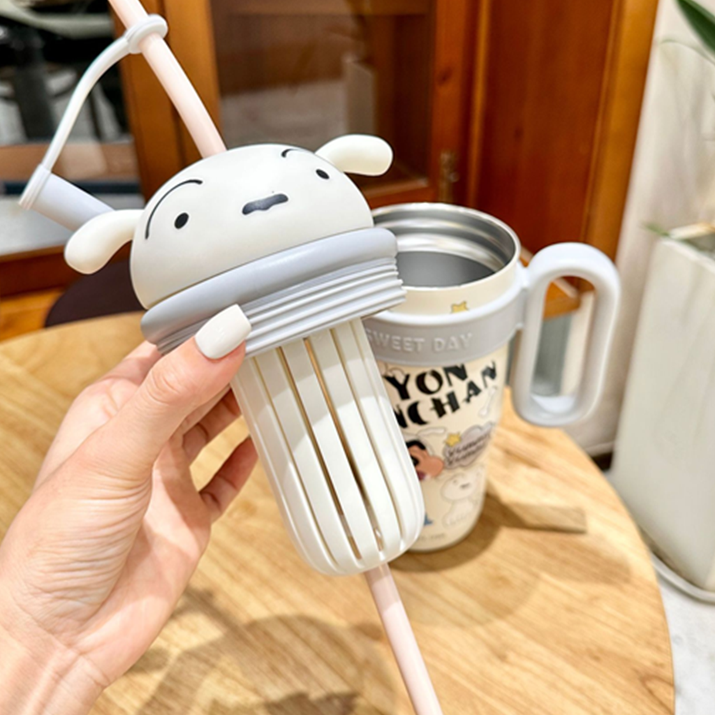 クレヨンしんちゃん シロ 880ml 大ハンドル 保温ストローボトル ホワイト