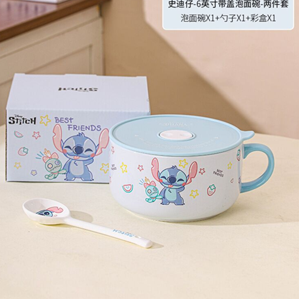 ディズニー スティッチ 6インチ ふた付き ハンドルセラミックボウル スプーン付き