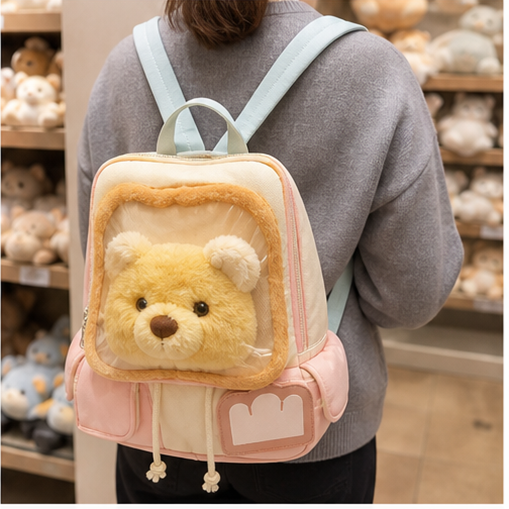 くまフェイス トースト風もこもこリュック ピンク
