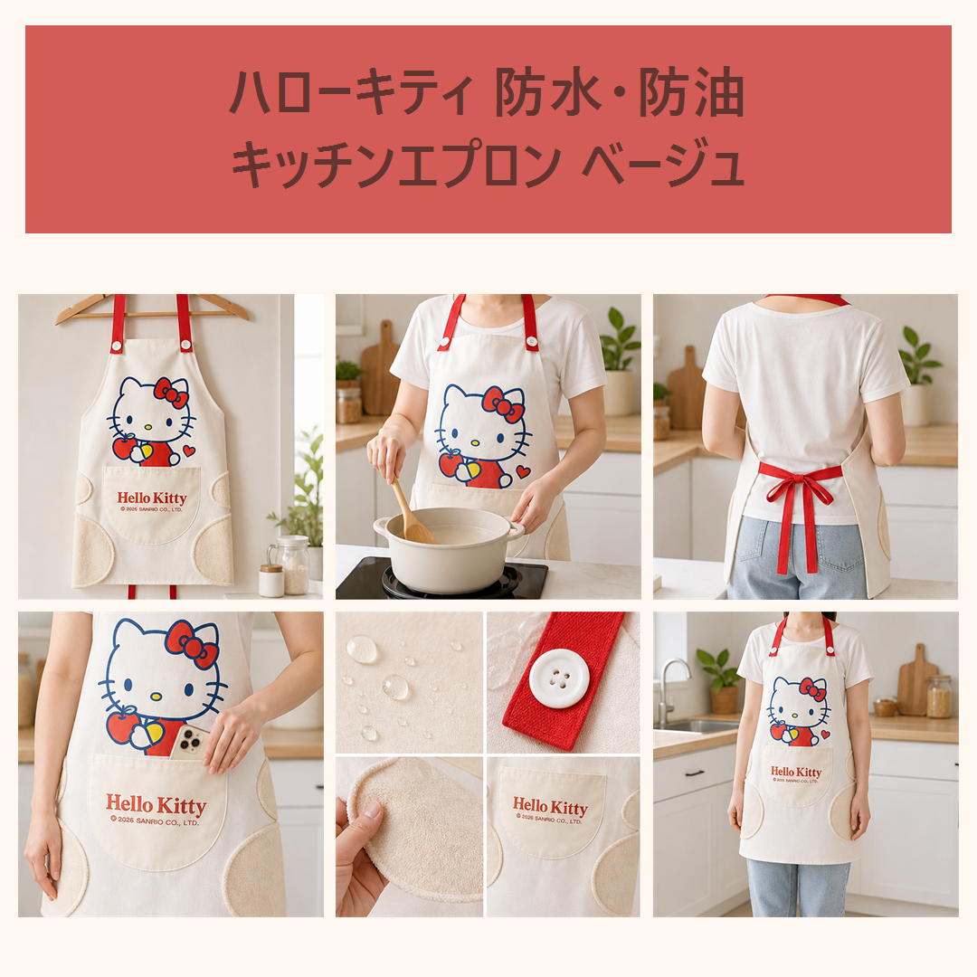 ハローキティ 防水・防油 キッチンエプロン ベージュ×レッド